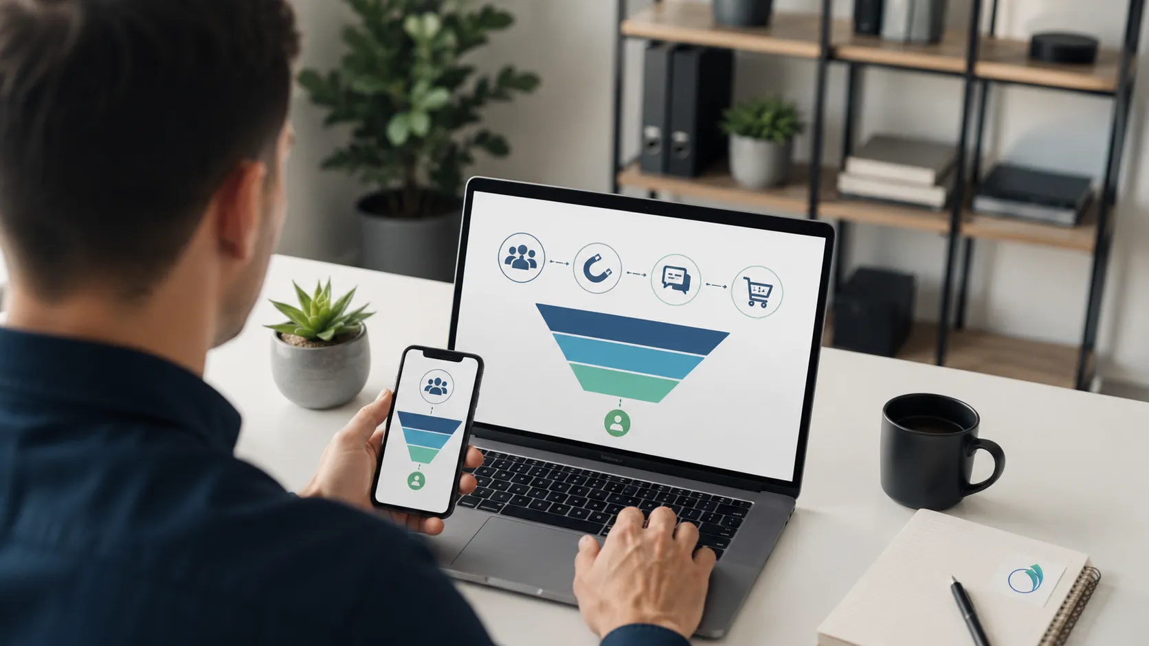 Marketing funnel on laptop and phone.