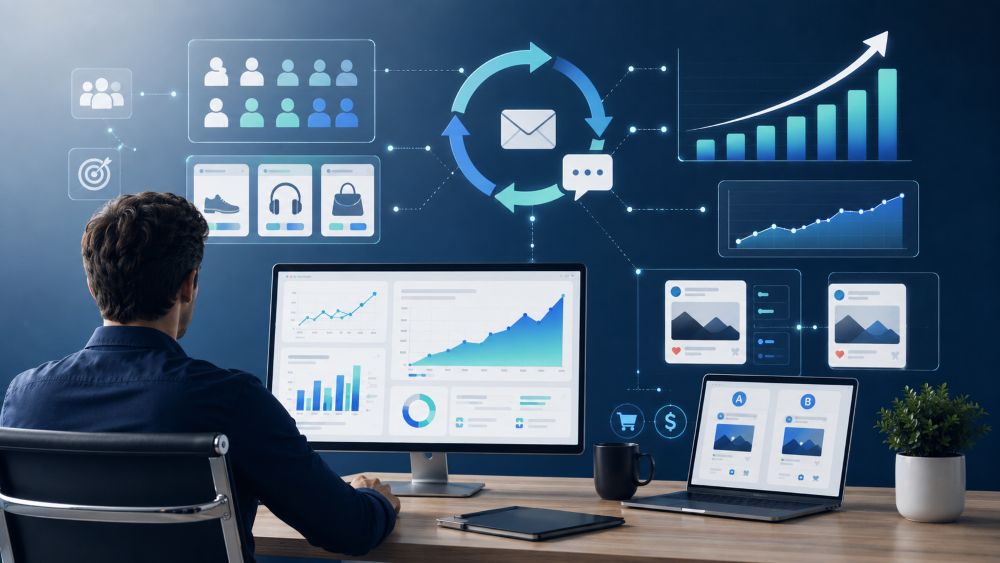 Digital marketing analytics dashboard showing audience segmentation, retargeting, A/B testing, and sales performance optimization