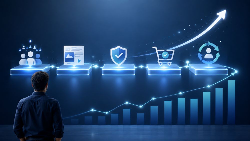 Five stages of turning website visitors into customers through digital marketing, trust building, conversion, and optimization